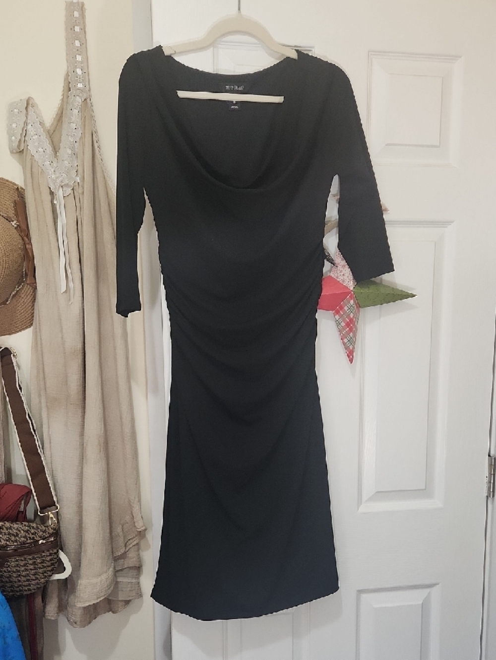 White House Black Market Black Draped Ruched Midi Dress - Picture 8 of 9